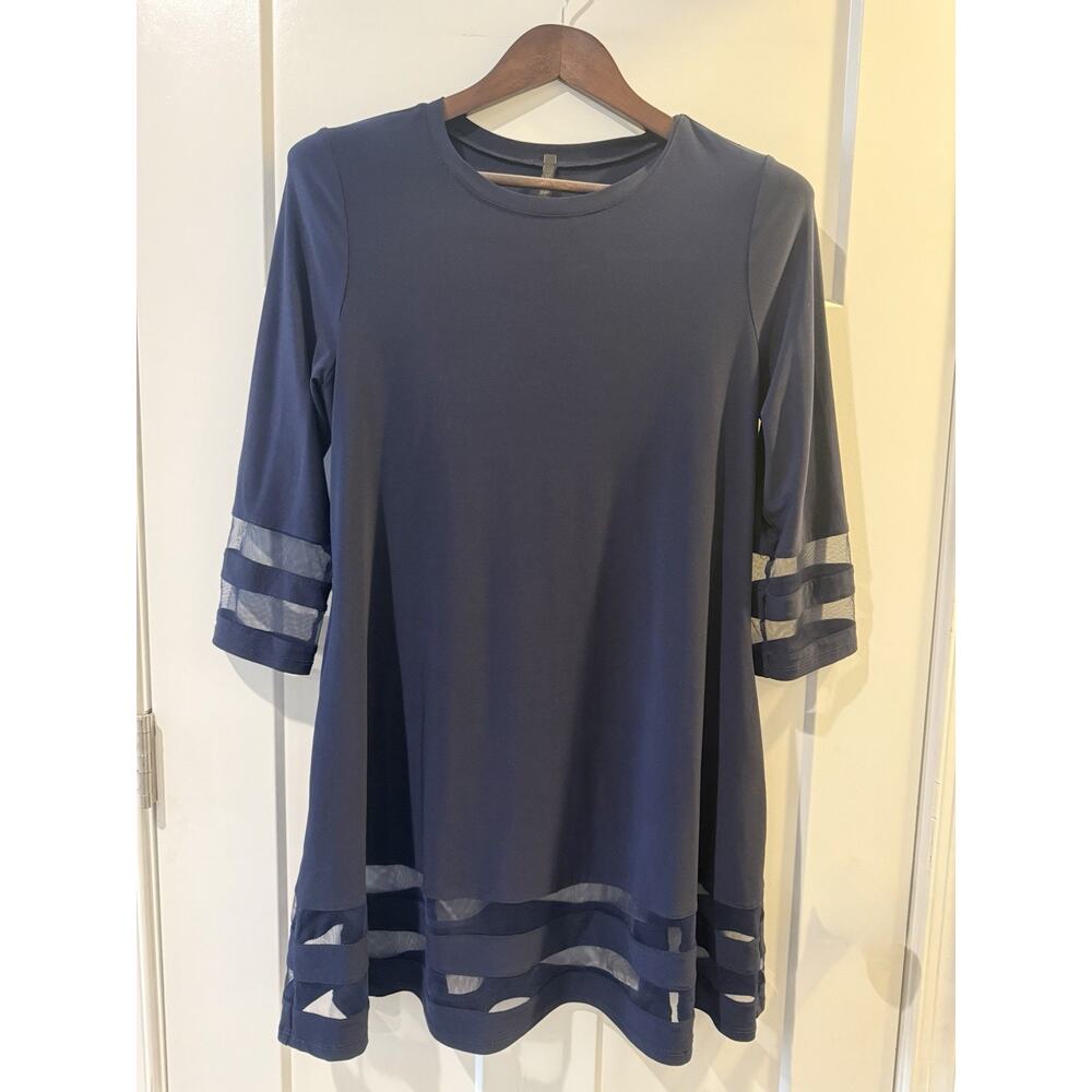 IC Collection by Connie K Navy Blue Mesh Stripe Trim Dress Small Made in USA